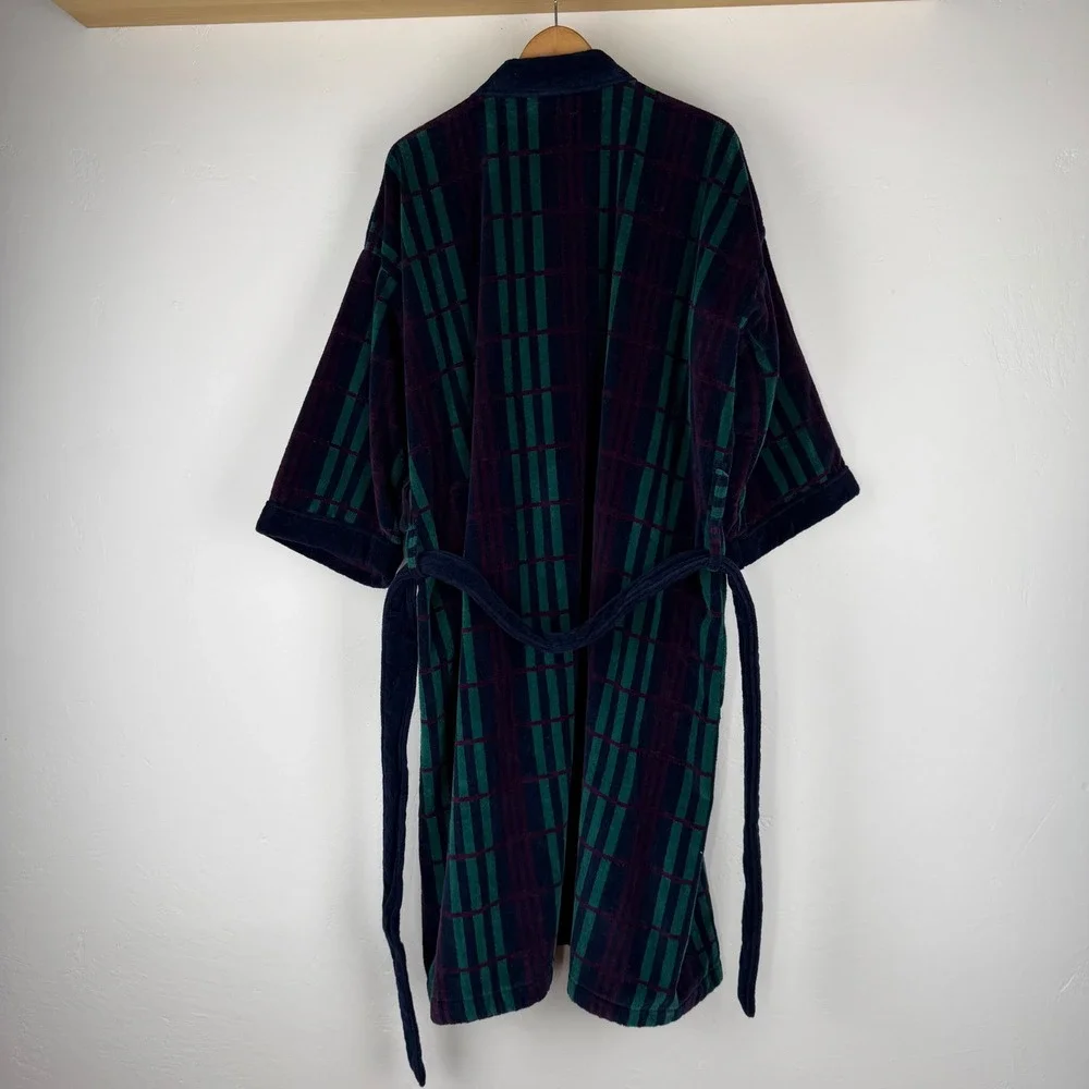 Perry Ellis Portfolio Mens Plaid Cotton Velour Robe Navy Green One Size OS